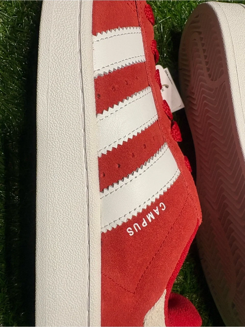 adidas Campus Red Suede w/ White Stripes mens 7, women’s 8.